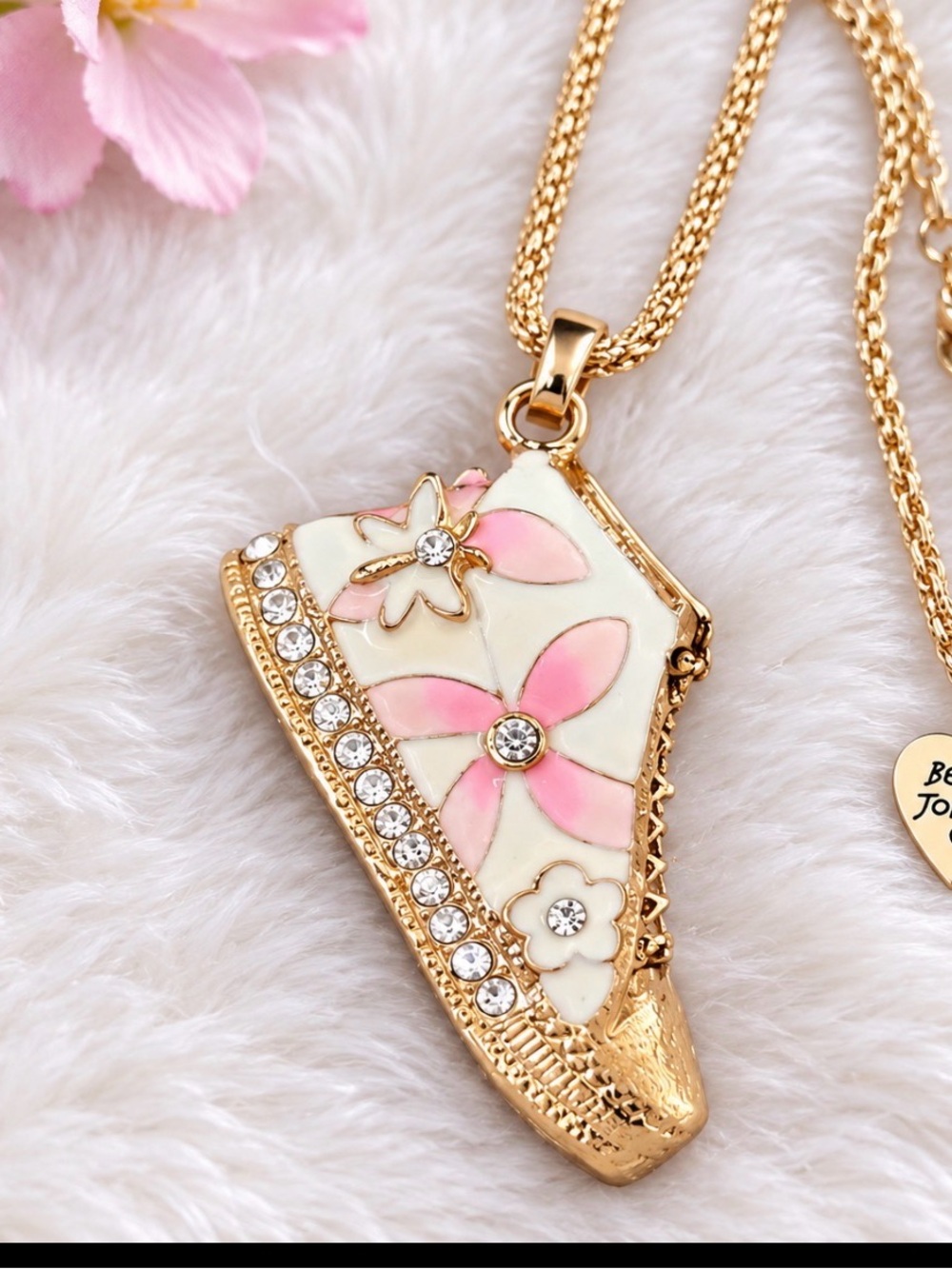 Betsy Johnson Gold-Tone Pink Floral sneaker Pendant Necklace with bling